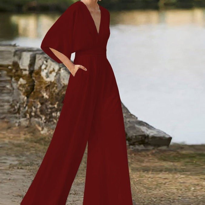 Women's Elegant V - Neck Jumpsuit with Half Sleeves in Cotton Blend - Lexians