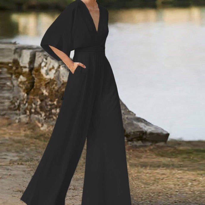 Women's Elegant V - Neck Jumpsuit with Half Sleeves in Cotton Blend - Lexians