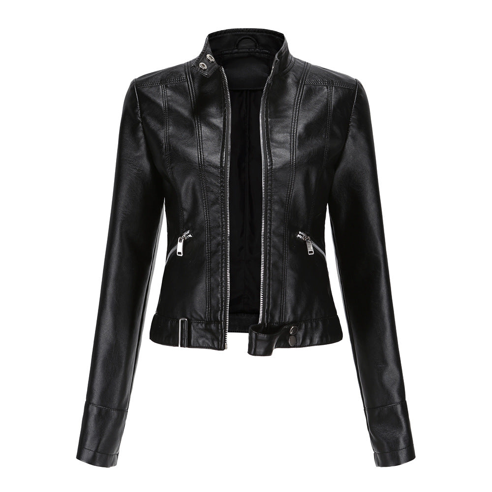 Women's faux leather biker jacket with sleek texture, dual zippers, and flap accents, showcasing a classic edgy style.