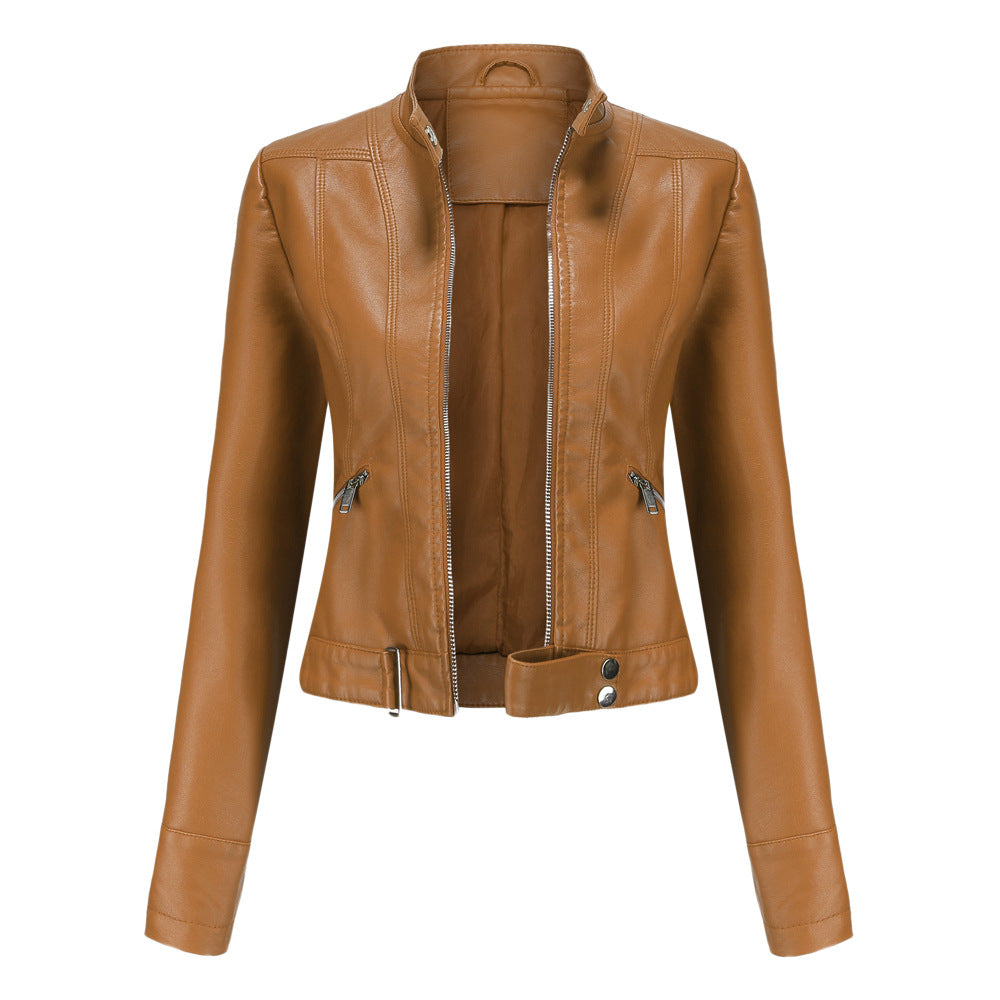 Women's faux leather biker jacket with sleek texture, dual zippers, and flap accents, showcasing a classic edgy style.