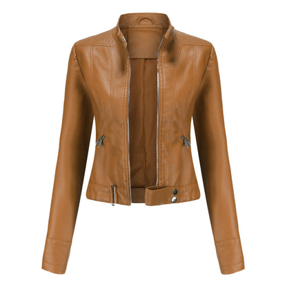 Women's faux leather biker jacket with sleek texture, dual zippers, and flap accents, showcasing a classic edgy style.