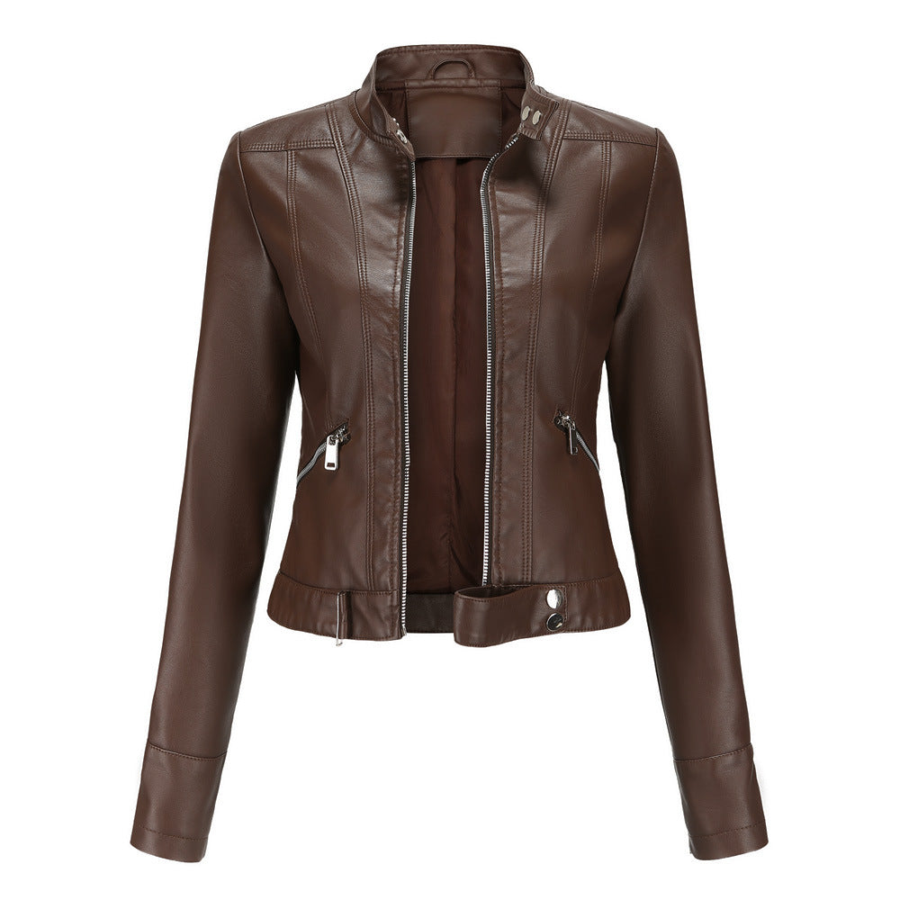 Women's faux leather biker jacket with sleek texture, dual zippers, and flap accents, showcasing a classic edgy style.