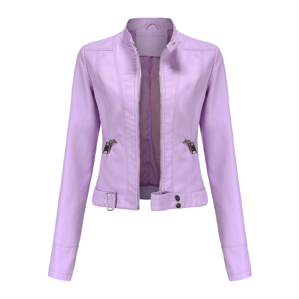 Women's faux leather biker jacket with sleek texture, dual zippers, and flap accents, showcasing a classic edgy style.