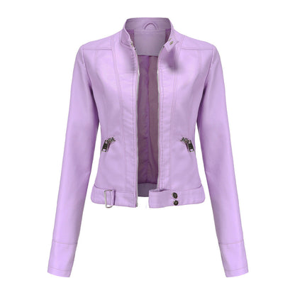 Women's faux leather biker jacket with sleek texture, dual zippers, and flap accents, showcasing a classic edgy style.