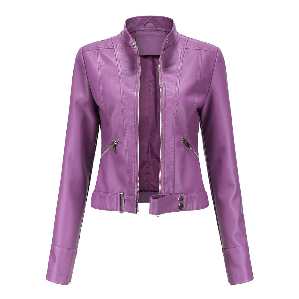 Women's faux leather biker jacket with sleek texture, dual zippers, and flap accents, showcasing a classic edgy style.