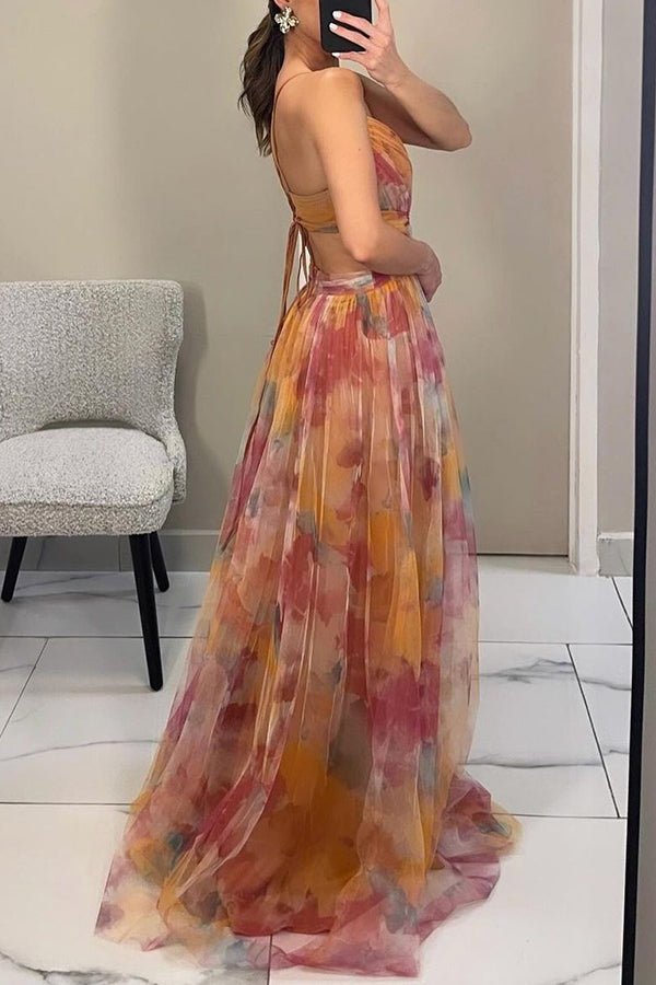 Women's Floral Chiffon Maxi Dress with Romantic Print - Lexians