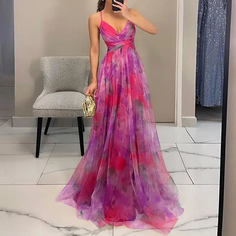 Women's Floral Chiffon Maxi Dress with Romantic Print - Lexians