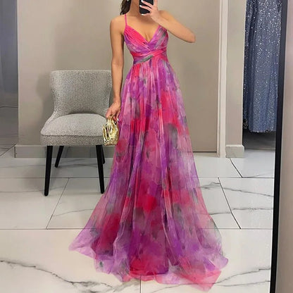 Women's Floral Chiffon Maxi Dress with Romantic Print - Lexians