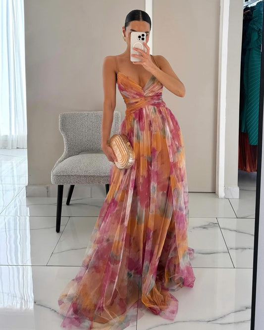 Women's Floral Chiffon Maxi Dress with Romantic Print - Lexians