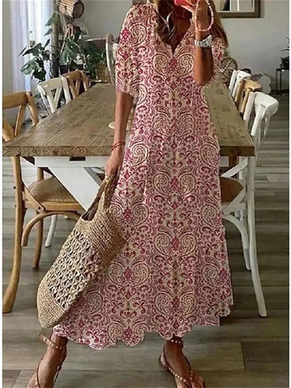 Women's Floral Maxi Dress with Tassel Tie V - Neck - Lexians