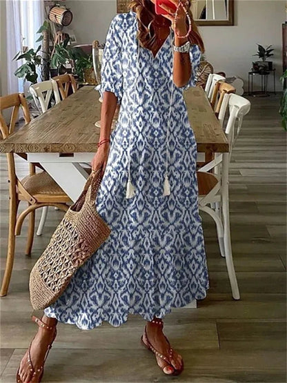 Women's Floral Maxi Dress with Tassel Tie V - Neck - Lexians