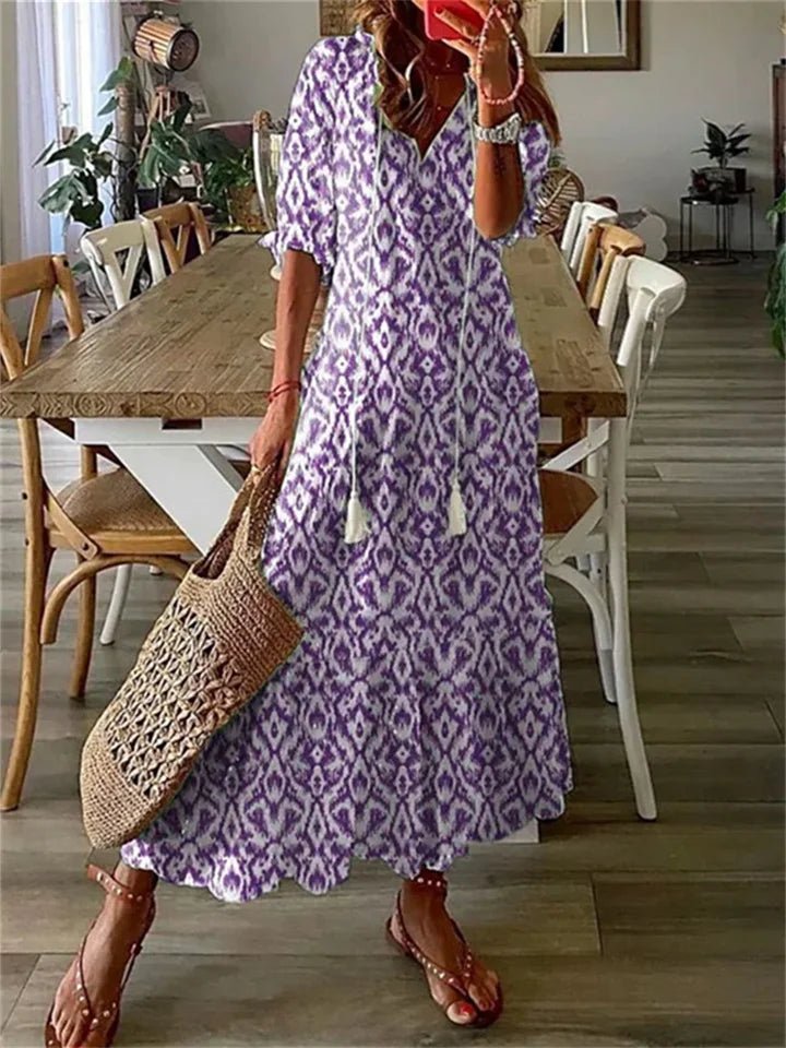Women's Floral Maxi Dress with Tassel Tie V - Neck - Lexians