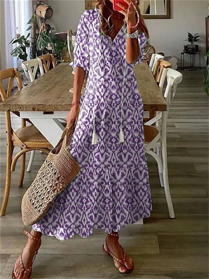 Women's Floral Maxi Dress with Tassel Tie V - Neck - Lexians
