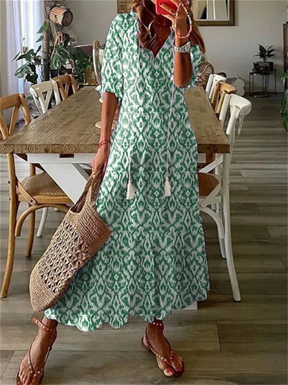 Women's Floral Maxi Dress with Tassel Tie V - Neck - Lexians