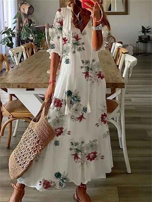Women's Floral Maxi Dress with Tassel Tie V - Neck - Lexians
