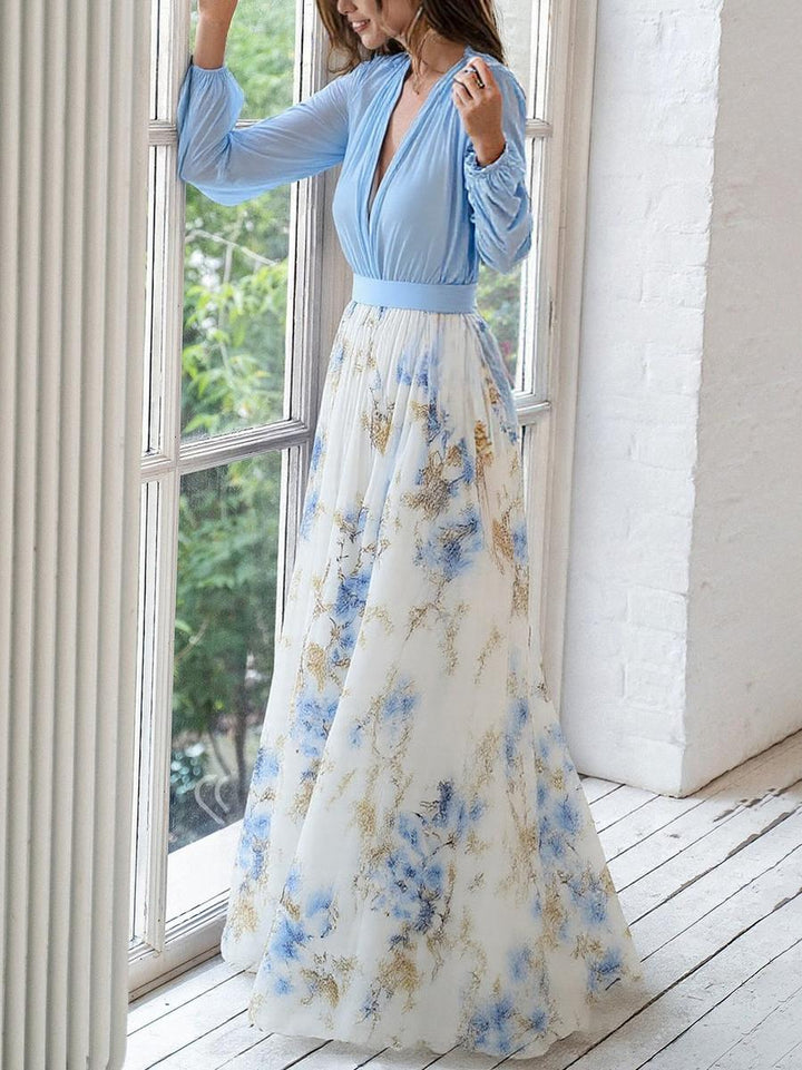 Women's Floral Maxi Dress with V - Neck and Sheer Sleeves - Lexians