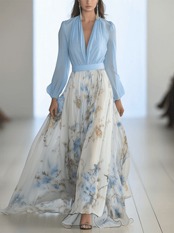 Women's Floral Maxi Dress with V - Neck and Sheer Sleeves - Lexians