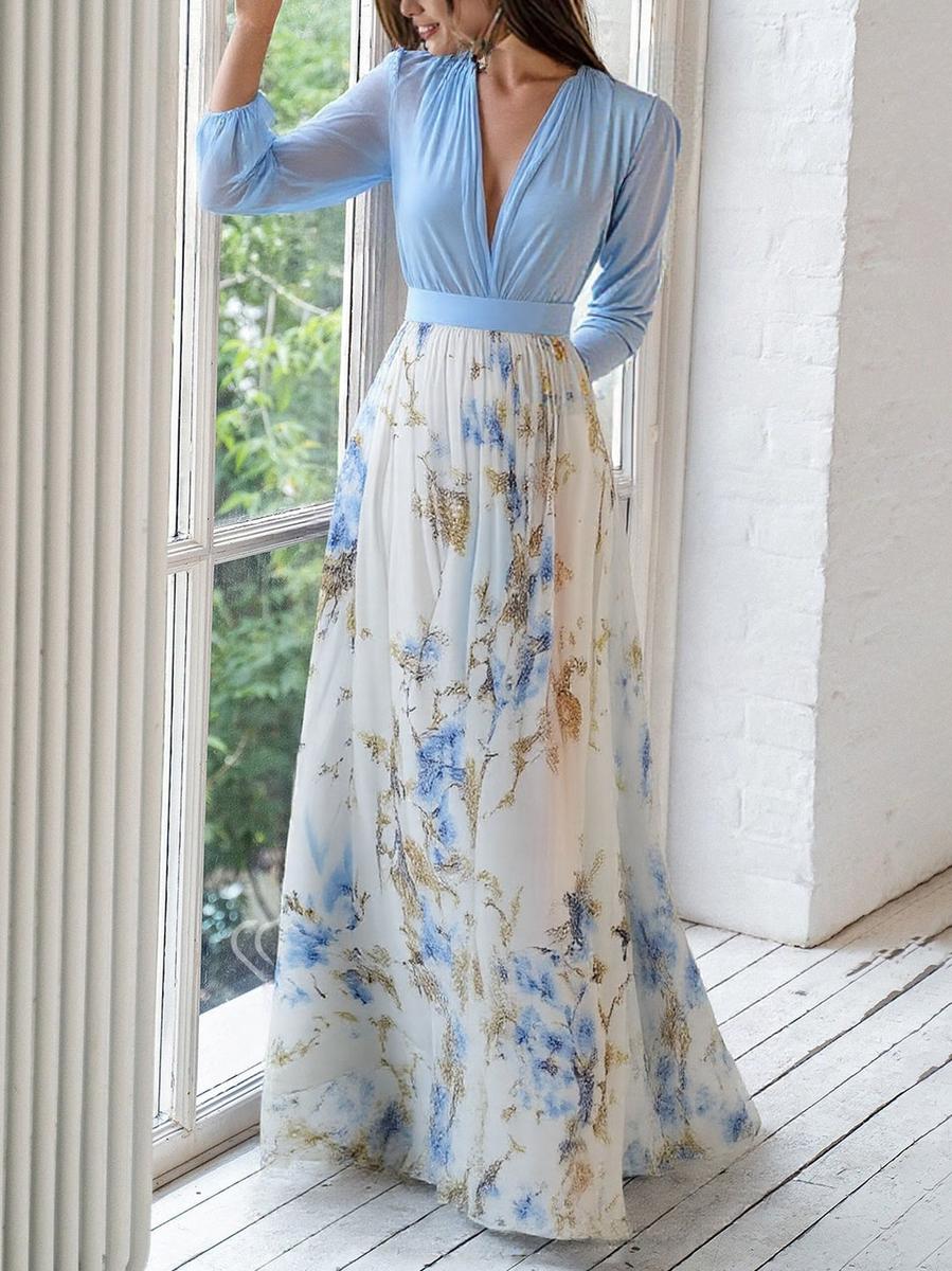 Women's Floral Maxi Dress with V - Neck and Sheer Sleeves - Lexians