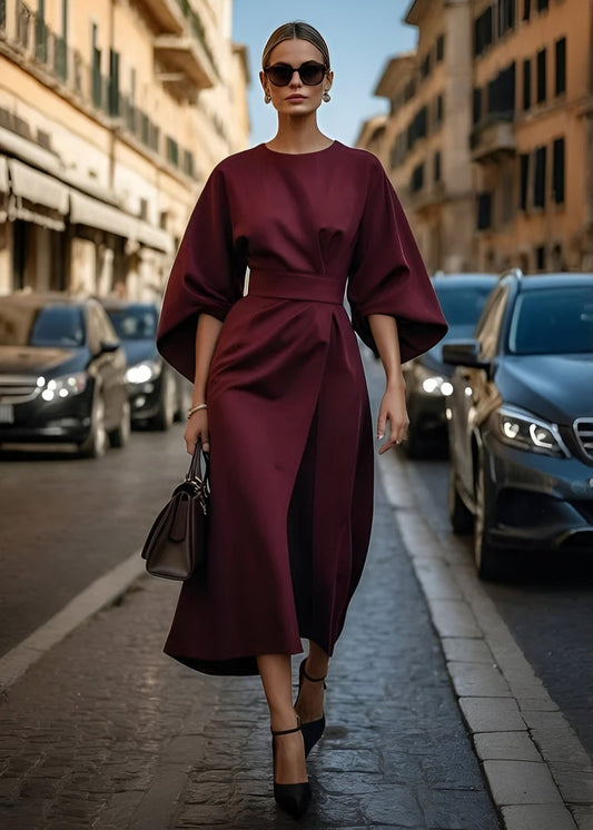 Women's Flowy Belted Maxi Dress with Kimono Sleeves - Lexians