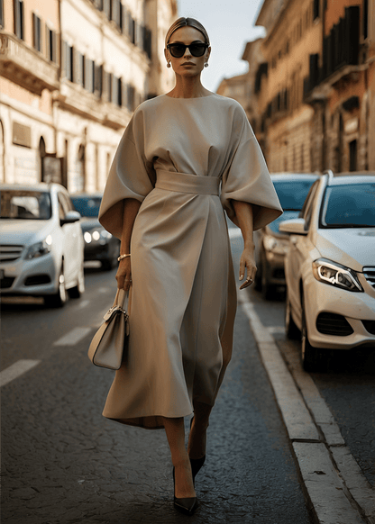 Women's Flowy Belted Maxi Dress with Kimono Sleeves - Lexians