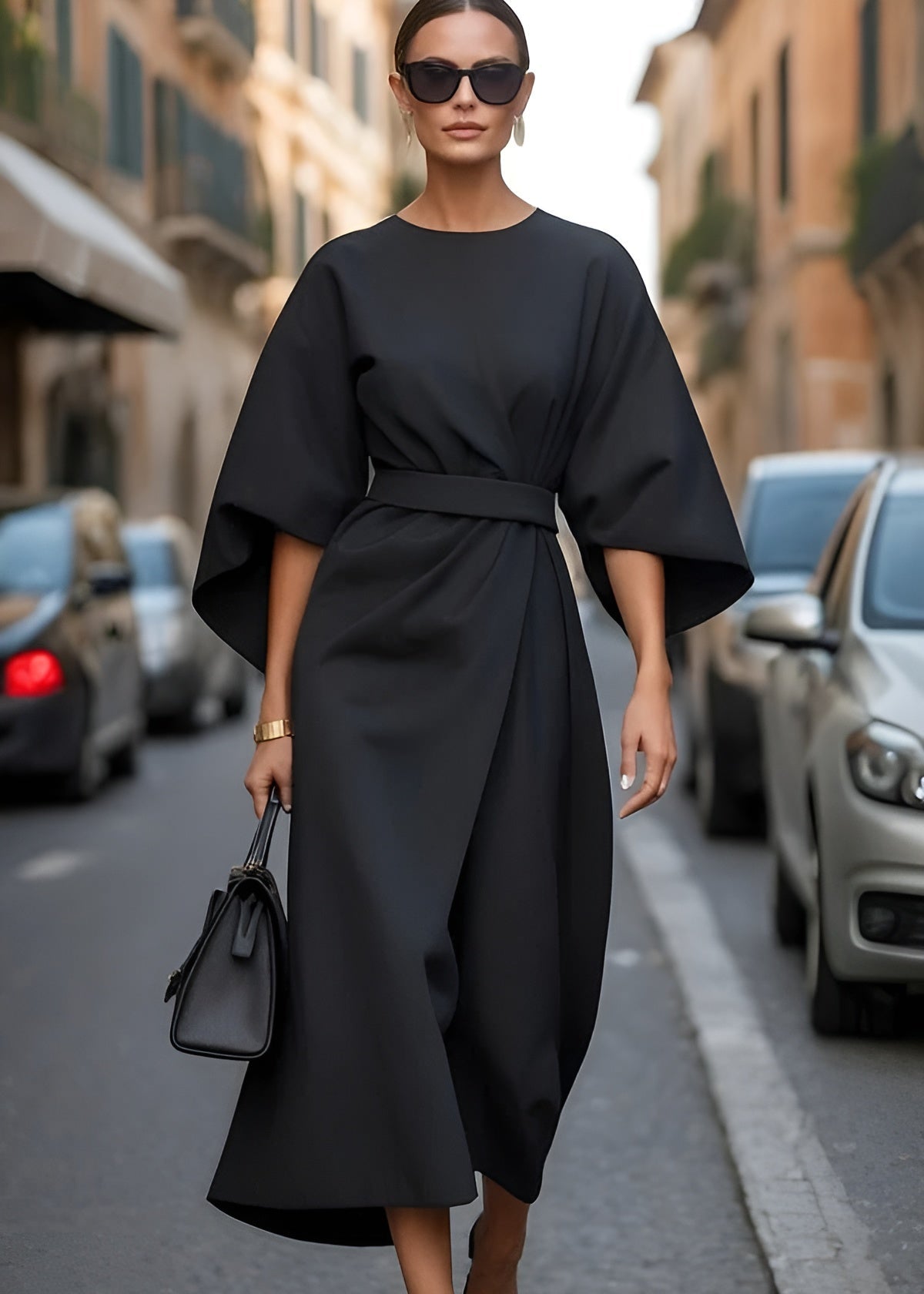 Women's Flowy Belted Maxi Dress with Kimono Sleeves - Lexians