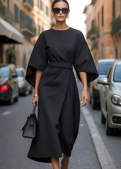 Women's Flowy Belted Maxi Dress with Kimono Sleeves - Lexians