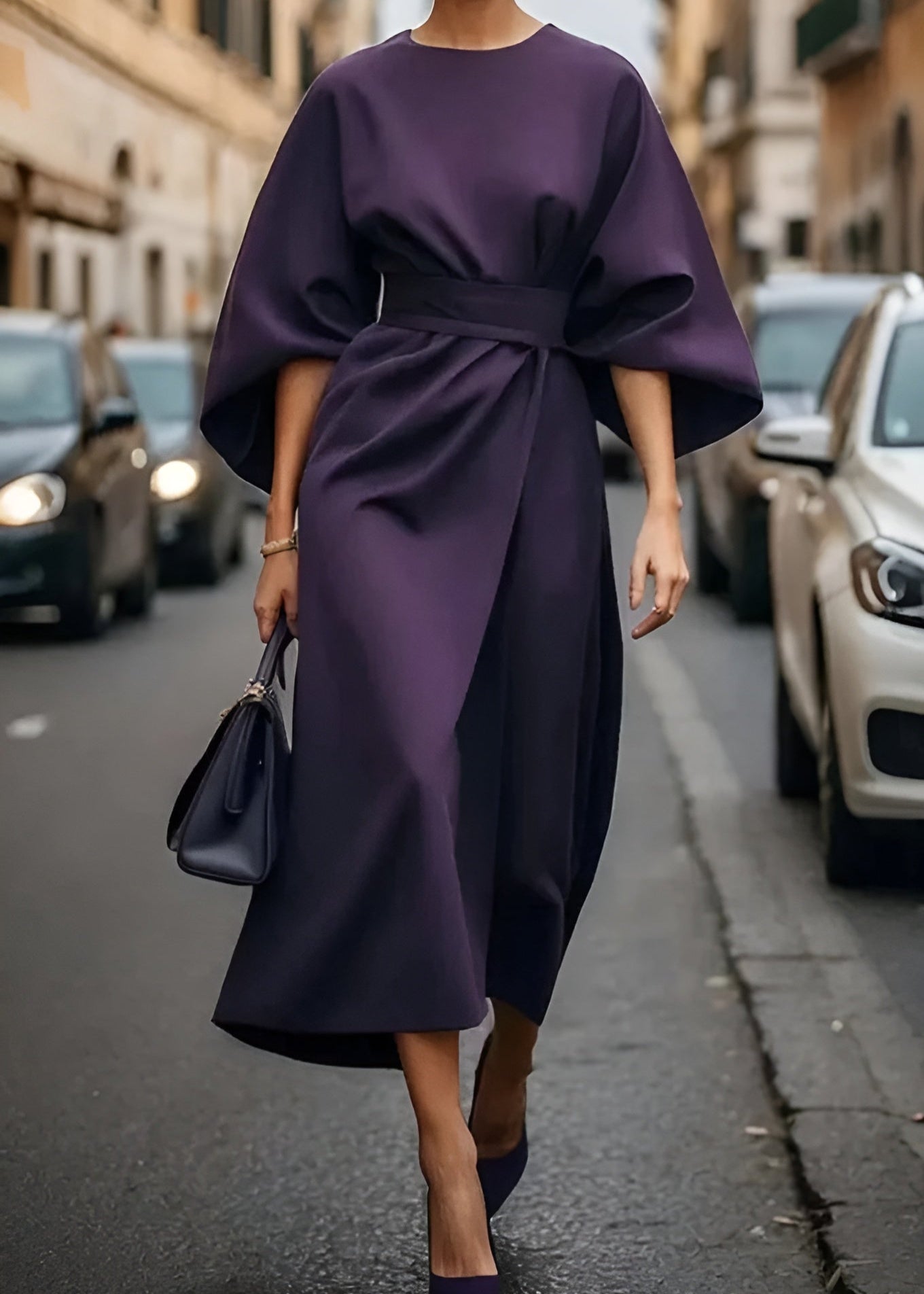 Women's Flowy Belted Maxi Dress with Kimono Sleeves - Lexians