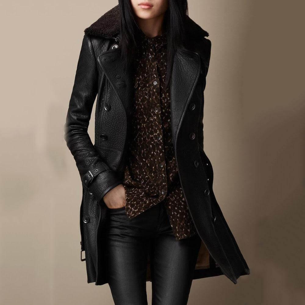 "Women's Handmade Black Leather Coat, warm, soft, insulating. Classic style; luxury winter jacket perfect for chilly days."