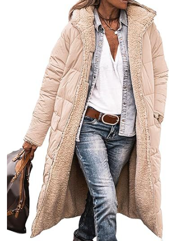 "Women's hooded longline quilted winter coat, front view; insulated, open front design with quilted texture and hood."