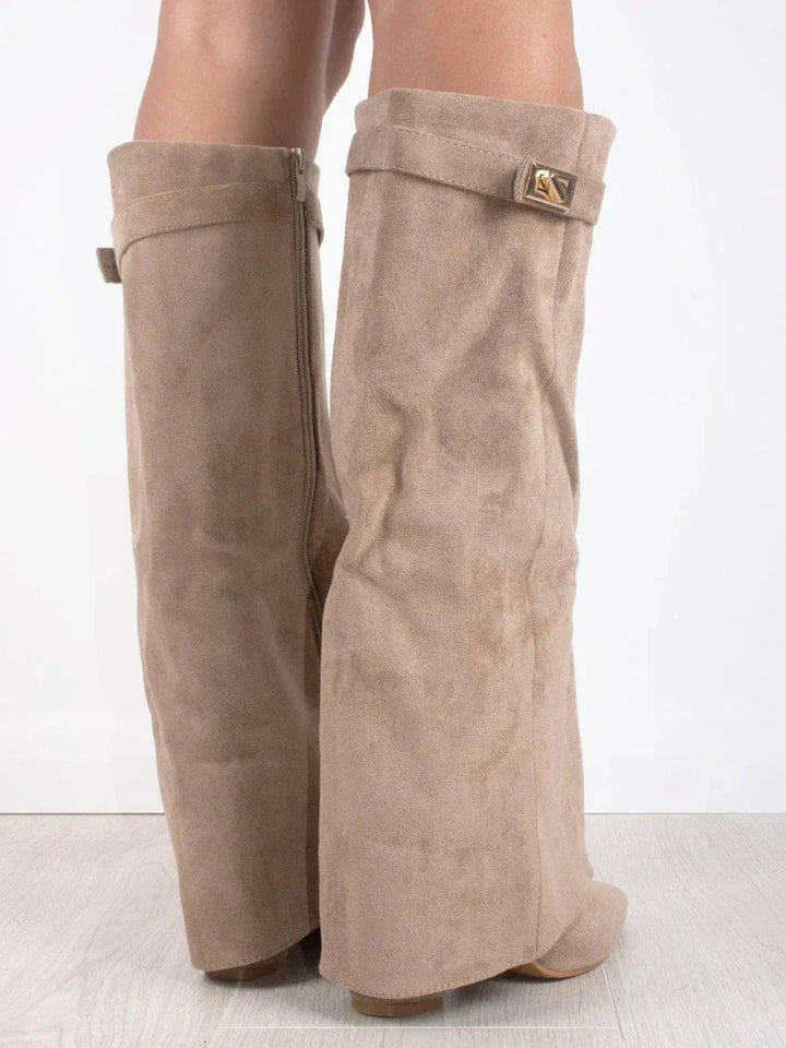"Women's knee-high flap boots with textured design, pointed toe, block heel, side view for stylish fall fashion."