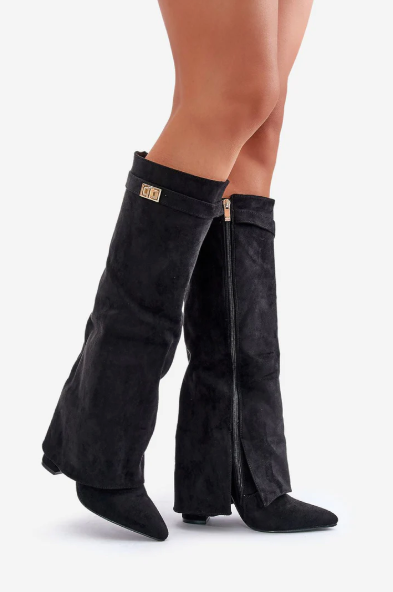"Women's knee-high flap boots with textured design, pointed toe, block heel, side view for stylish fall fashion."