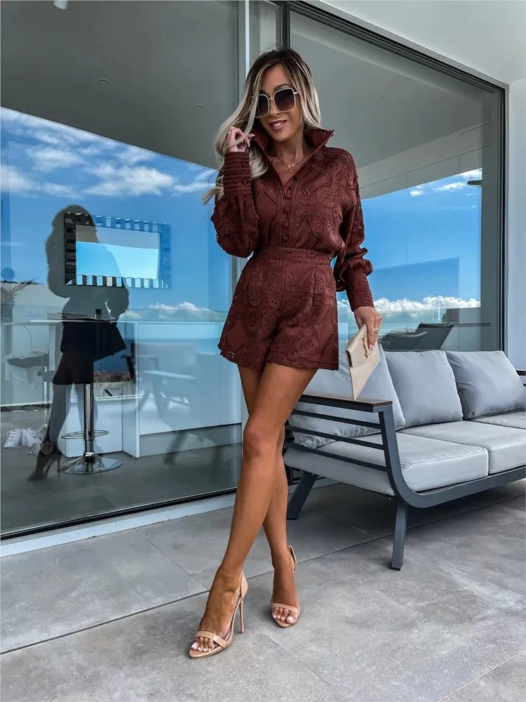 "Women's lace summer set with balloon sleeves, floral lace design, high-waisted shorts, perfect for warm-weather occasions."