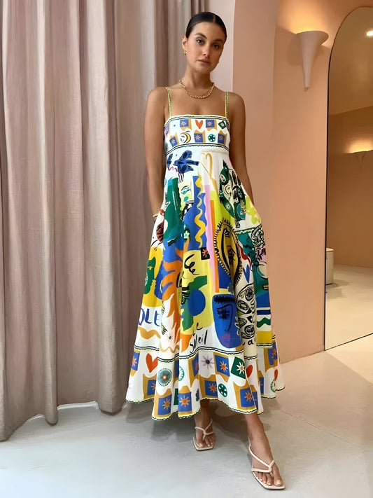 Women's Linen Summer Dress with Abstract Print - Lexians