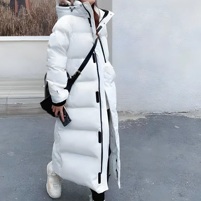 "Women's long puffer jacket, hooded winter coat, front view; insulated, water-resistant, sleek fit for warmth and style."