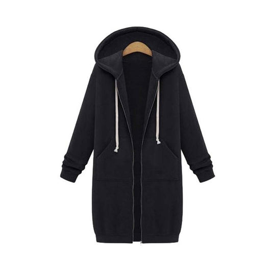 Women's longline zip hoodie with drawstring hood, midweight fabric, extended length, cozy style for cooler seasons.
