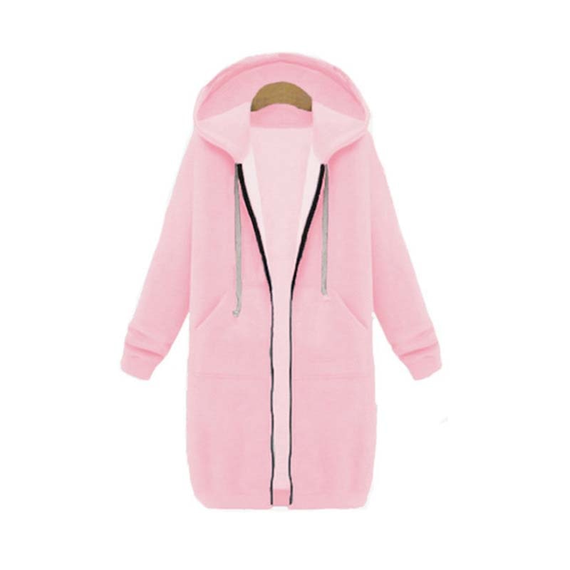Women's longline zip hoodie with drawstring hood, midweight fabric, extended length, cozy style for cooler seasons.