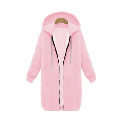 Women's longline zip hoodie with drawstring hood, midweight fabric, extended length, cozy style for cooler seasons.