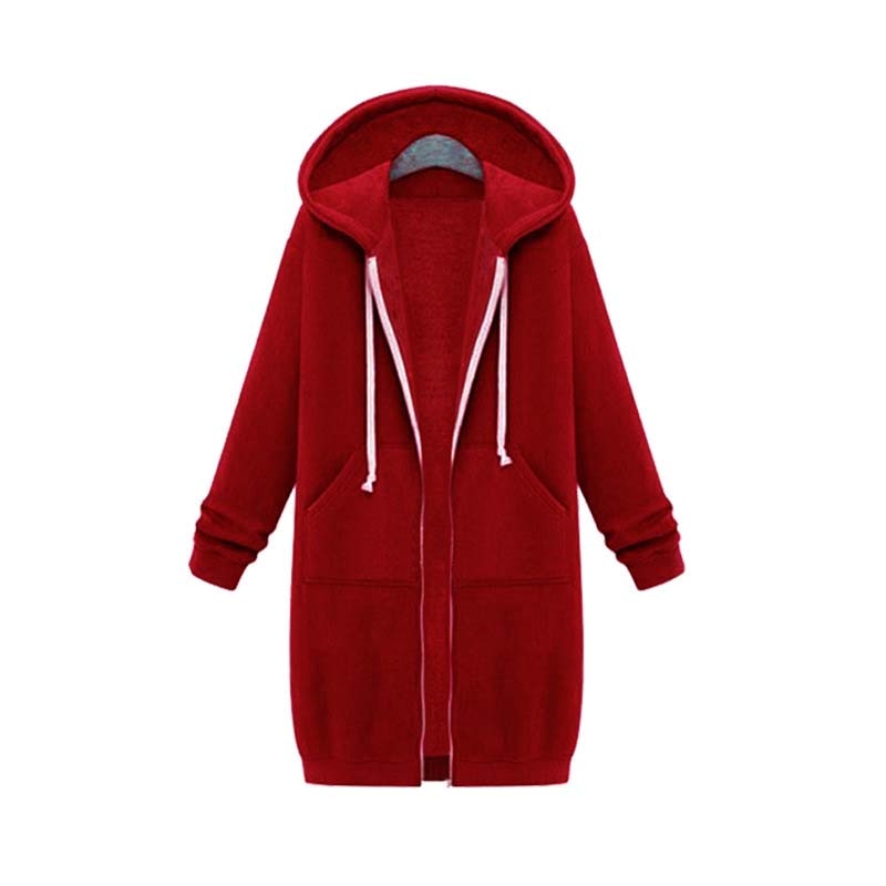Women's longline zip hoodie with drawstring hood, midweight fabric, extended length, cozy style for cooler seasons.