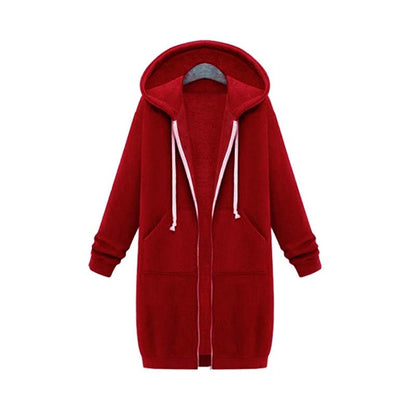 Women's longline zip hoodie with drawstring hood, midweight fabric, extended length, cozy style for cooler seasons.