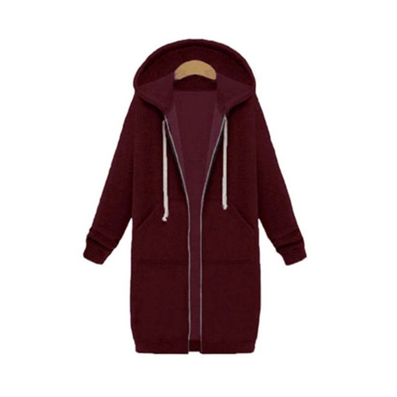 Women's longline zip hoodie with drawstring hood, midweight fabric, extended length, cozy style for cooler seasons.