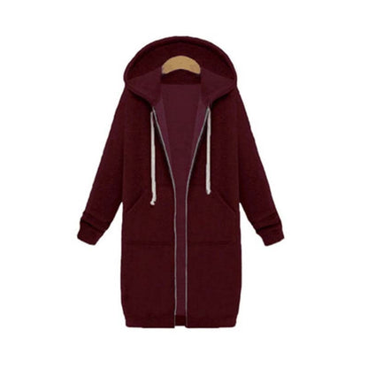 Women's longline zip hoodie with drawstring hood, midweight fabric, extended length, cozy style for cooler seasons.