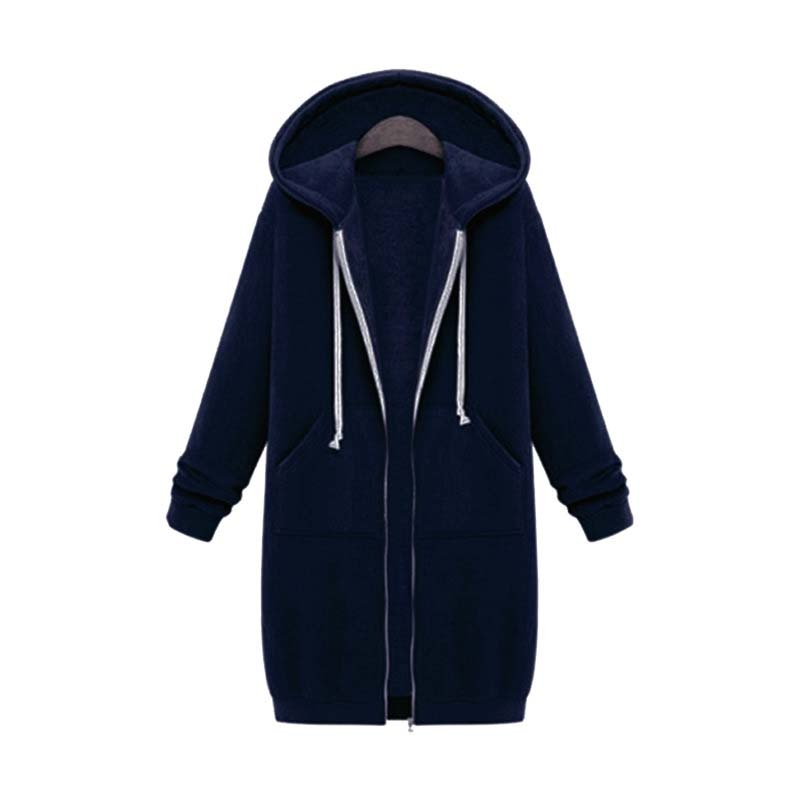 Women's longline zip hoodie with drawstring hood, midweight fabric, extended length, cozy style for cooler seasons.