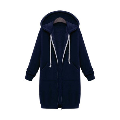 Women's longline zip hoodie with drawstring hood, midweight fabric, extended length, cozy style for cooler seasons.