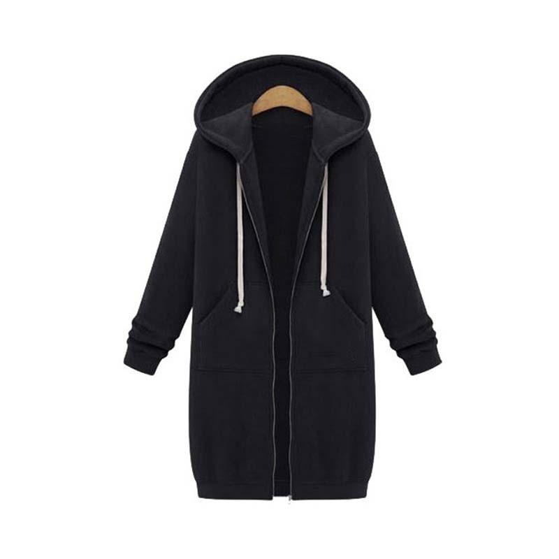 Women's longline zip hoodie with drawstring hood, midweight fabric, extended length, cozy style for cooler seasons.