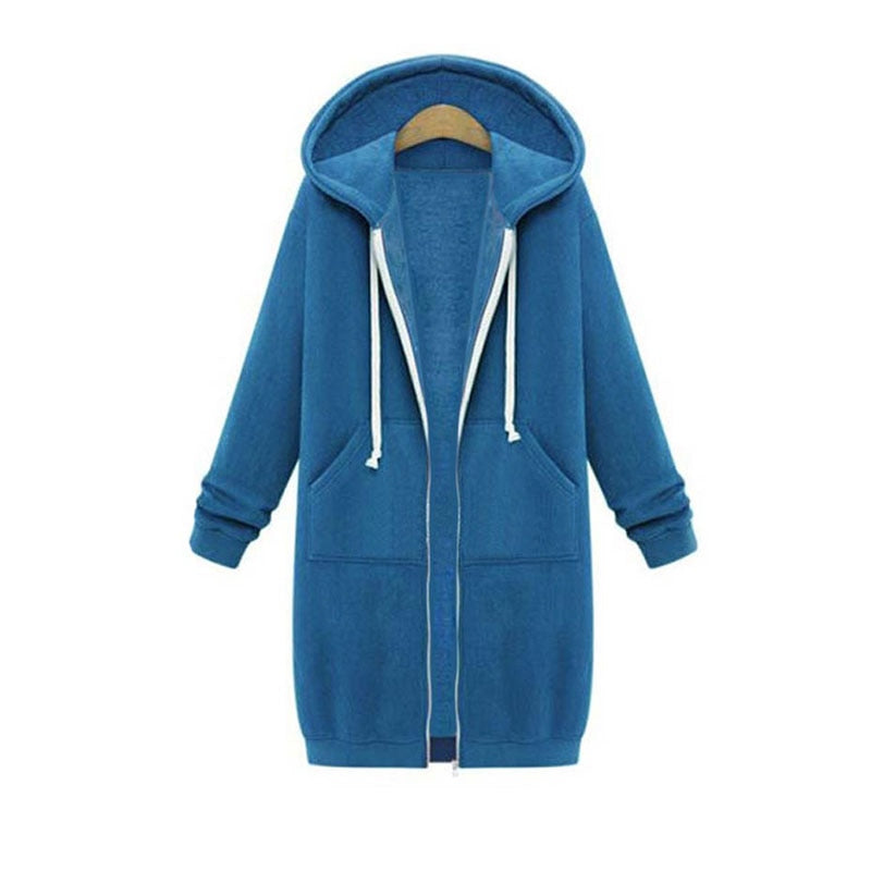 Women's longline zip hoodie with drawstring hood, midweight fabric, extended length, cozy style for cooler seasons.