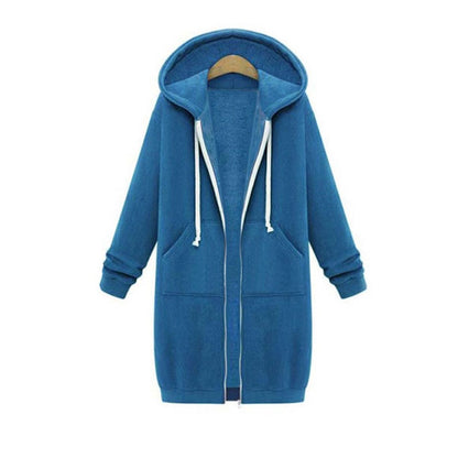 Women's longline zip hoodie with drawstring hood, midweight fabric, extended length, cozy style for cooler seasons.