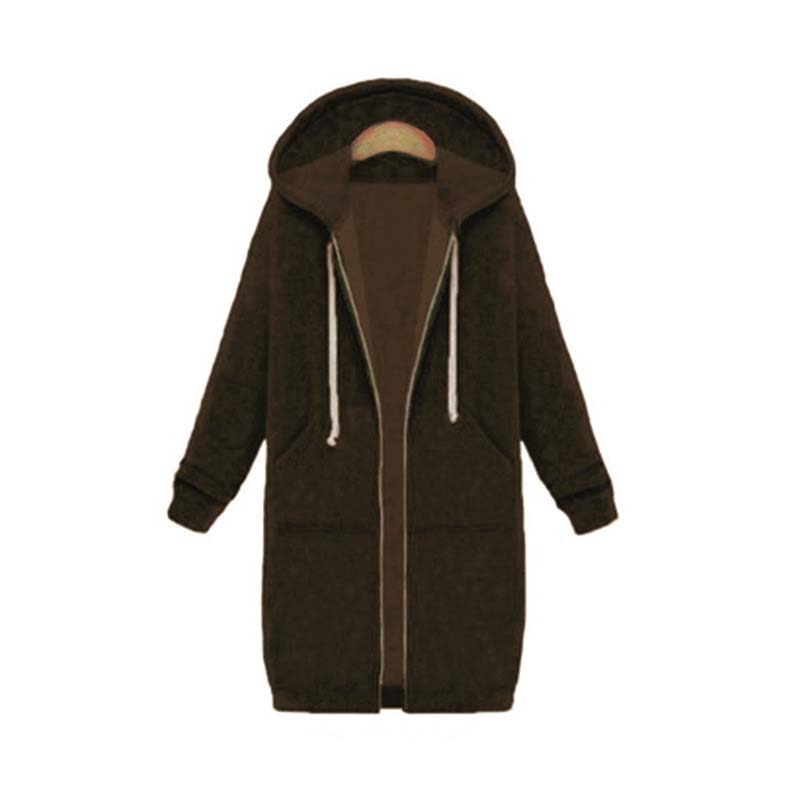 Women's longline zip hoodie with drawstring hood, midweight fabric, extended length, cozy style for cooler seasons.