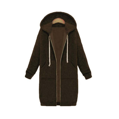 Women's longline zip hoodie with drawstring hood, midweight fabric, extended length, cozy style for cooler seasons.