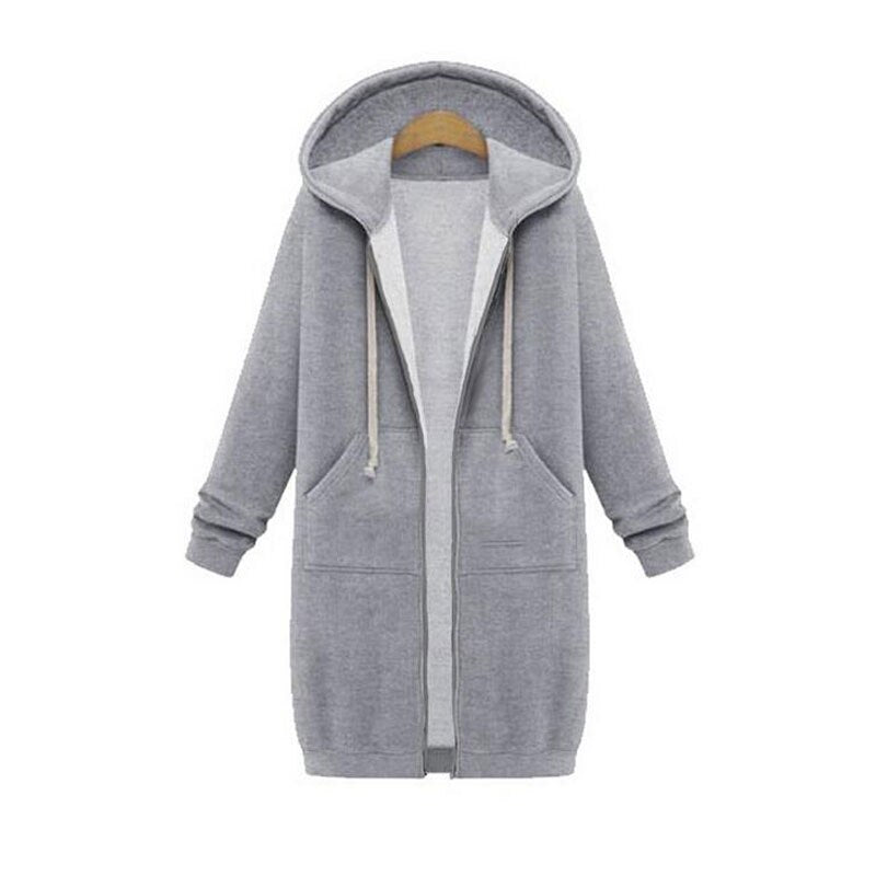 Women's longline zip hoodie with drawstring hood, midweight fabric, extended length, cozy style for cooler seasons.
