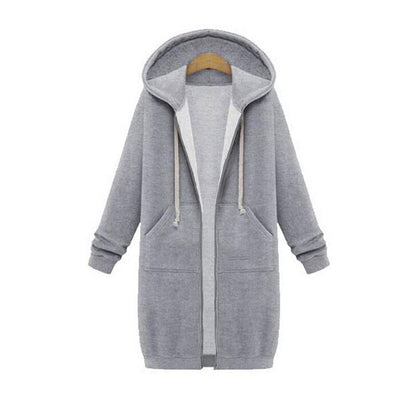Women's longline zip hoodie with drawstring hood, midweight fabric, extended length, cozy style for cooler seasons.